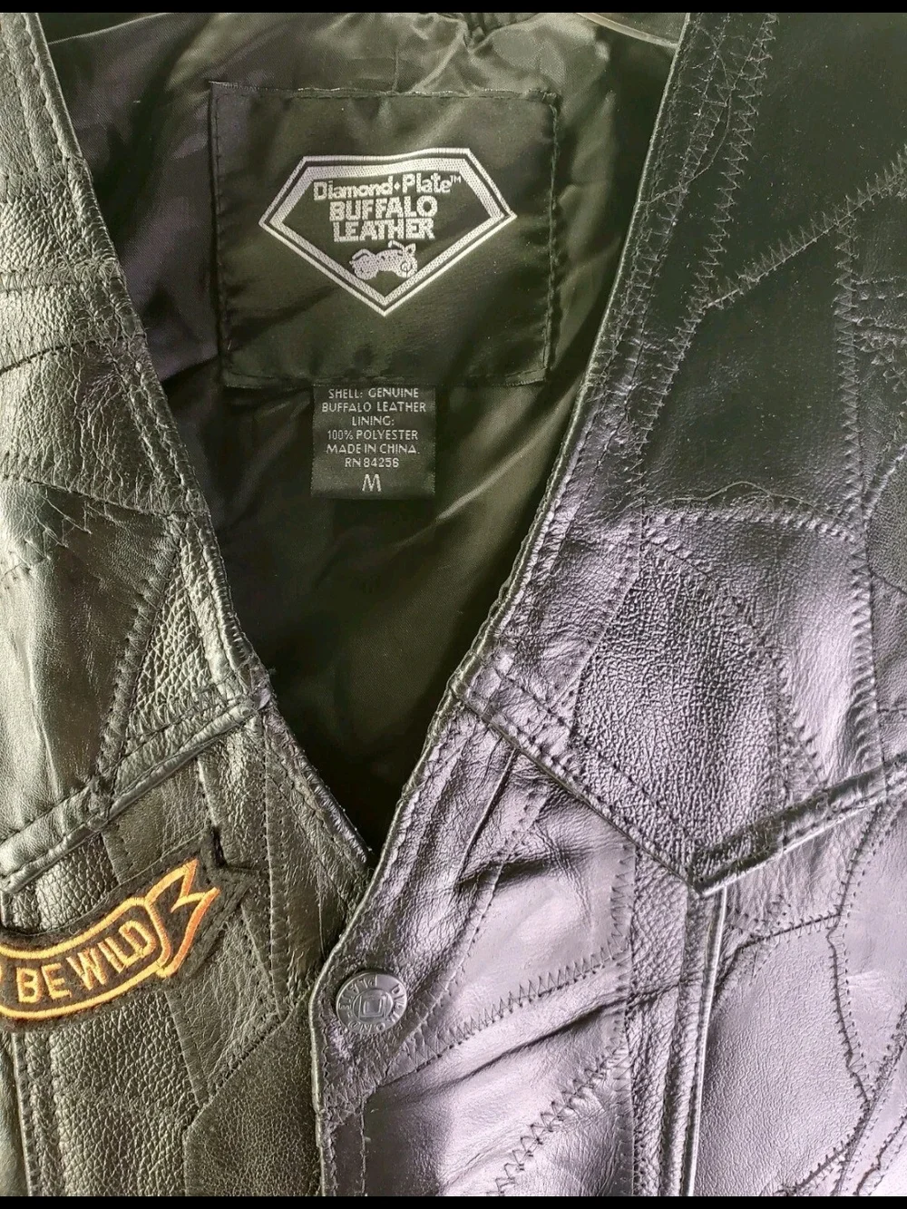 Diamond Plate Buffalo Black Leather Biker Vest with Side Lacing & Eagle Patch.